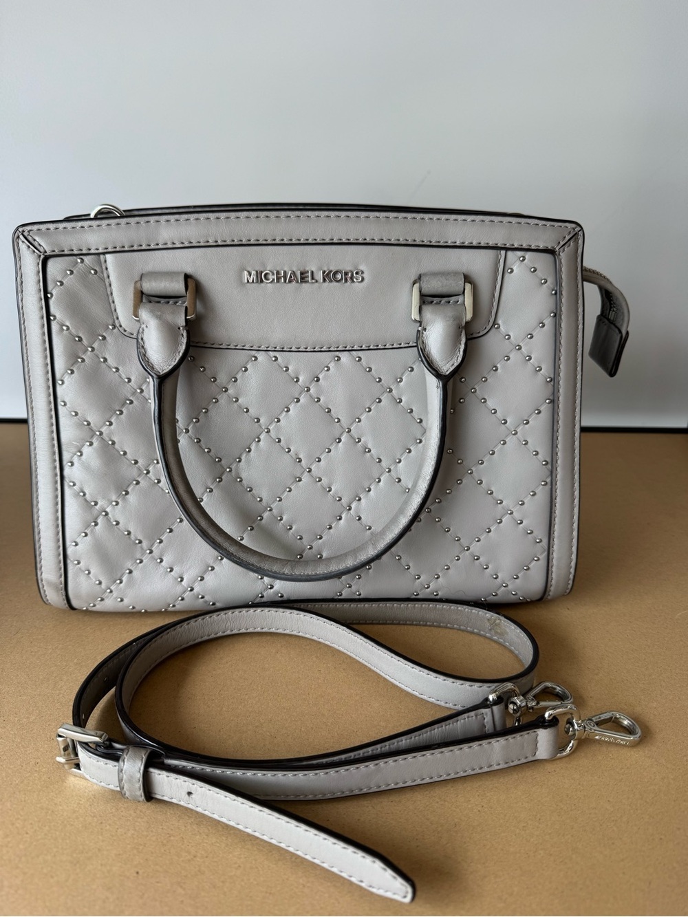 Michael Kors Quilted Selma Studded Satchel in Light Gray